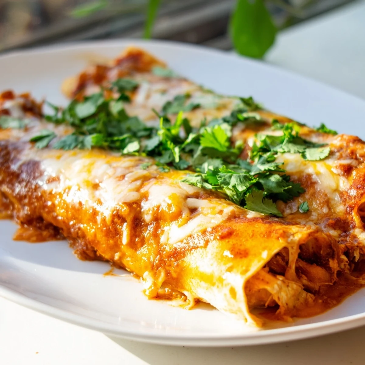 Sizzling skillet with shredded chicken filling for Green Enchiladas With Chicken, surrounded by fresh ingredients.
