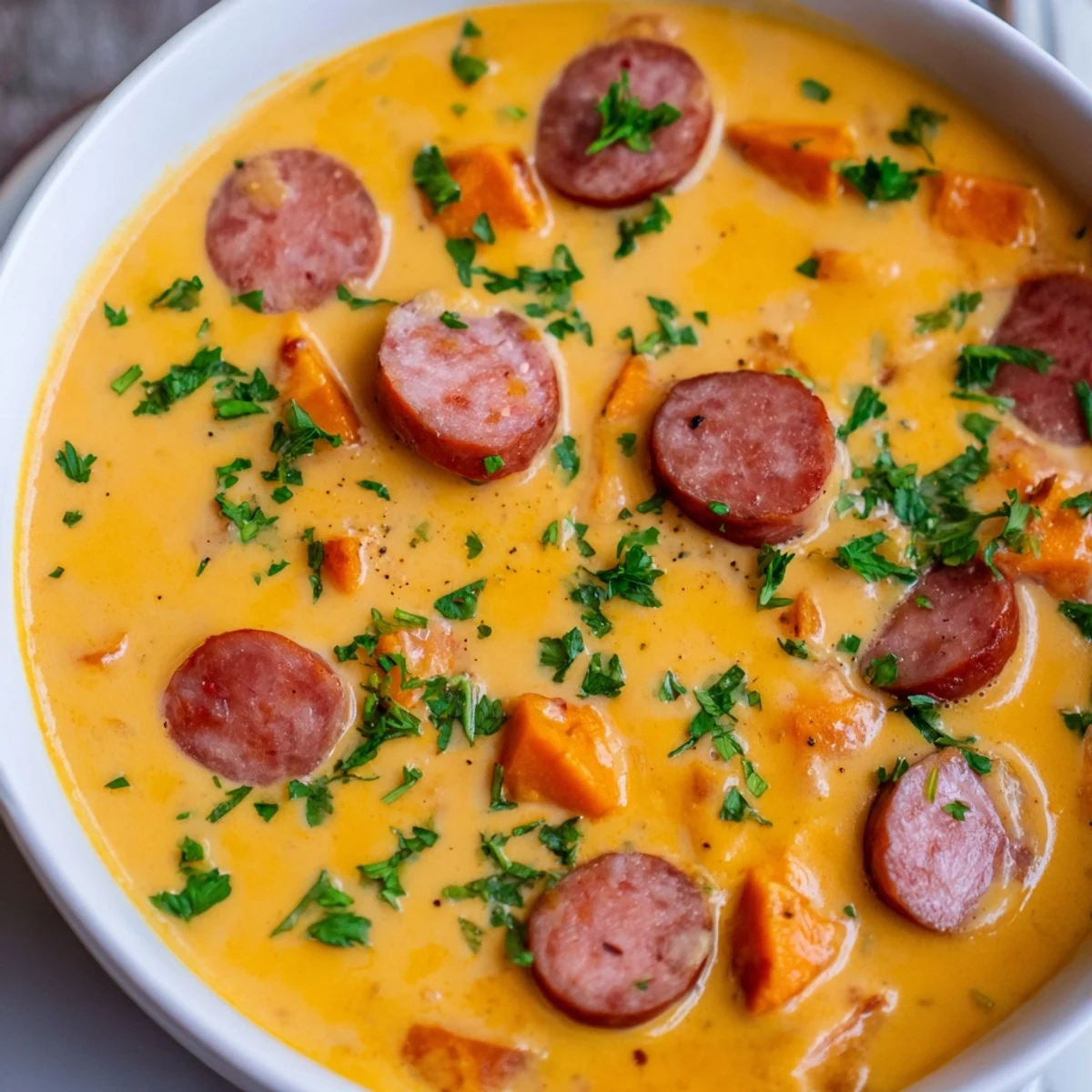 Steaming bowl of Creamy Sweet Potato and Sausage Soup garnished with fresh parsley and croutons.