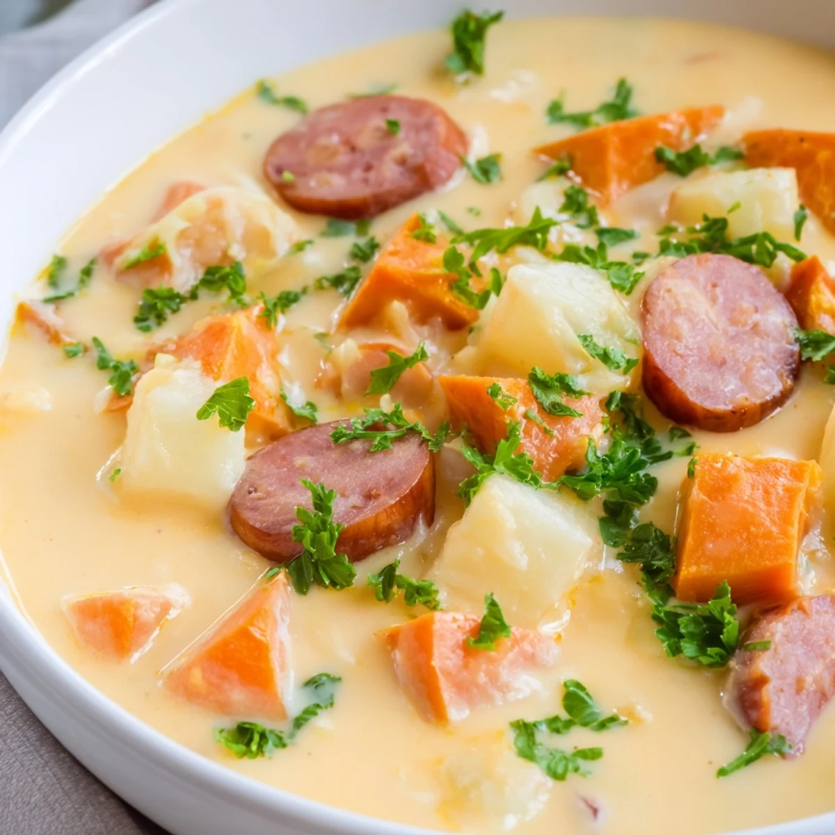 Creamy Sweet Potato and Sausage Soup ladled into a rustic bowl, showing chunks of sweet potato and sausage.