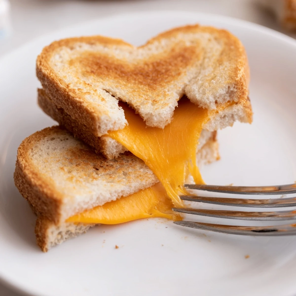 A close-up of Mini Grilled Cheese Hearts on a white plate, perfect for a Valentine's Day snack.  