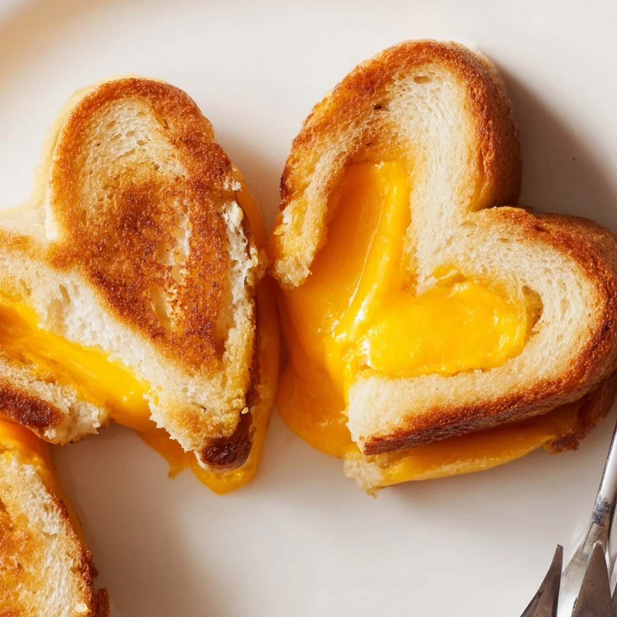 Golden-brown Mini Grilled Cheese Hearts on a wooden board, melty cheddar oozing between heart-shaped bread slices.  
