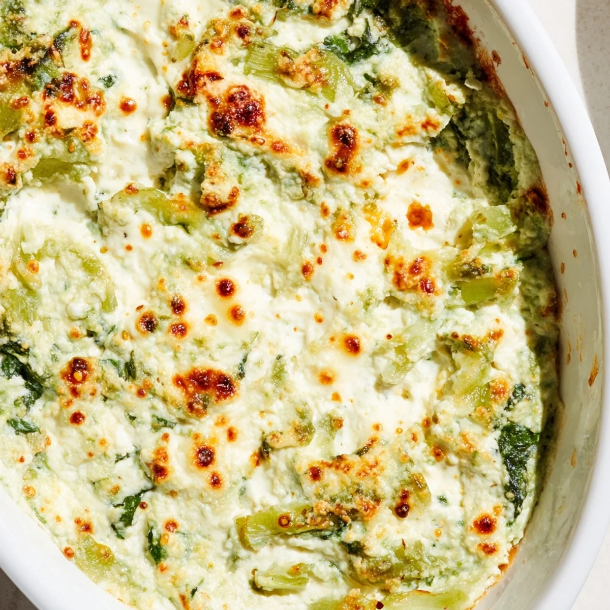 Freshly baked Spinach and Pepperoncini Baked Feta Dip in a dish, garnished with herbs and served with warm pita.