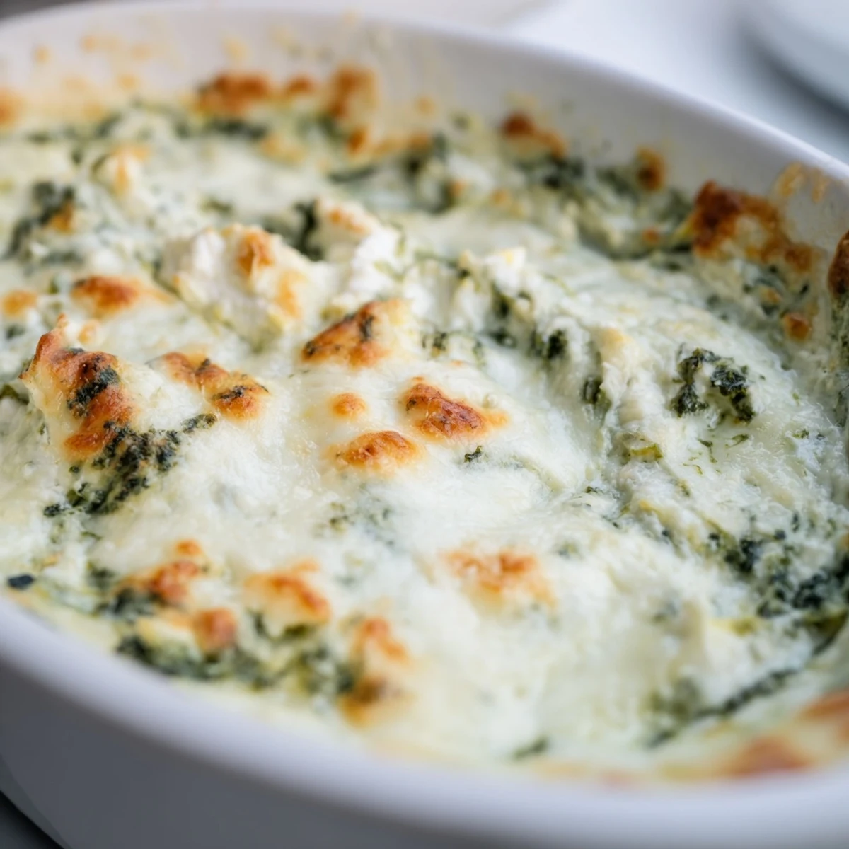 Golden, bubbly Spinach and Pepperoncini Baked Feta Dip from the oven, creamy texture with vibrant green spinach and tangy peppers.