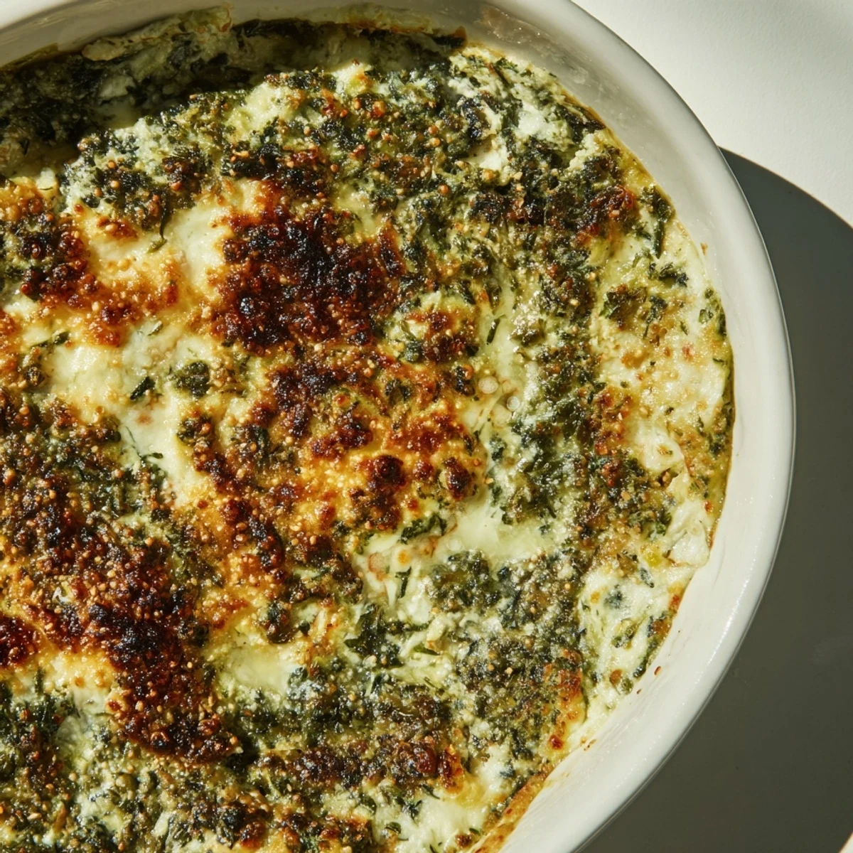 Close-up of Spinach and Pepperoncini Baked Feta Dip, showing melted feta, fresh spinach, and sliced pepperoncini in a ceramic dish.