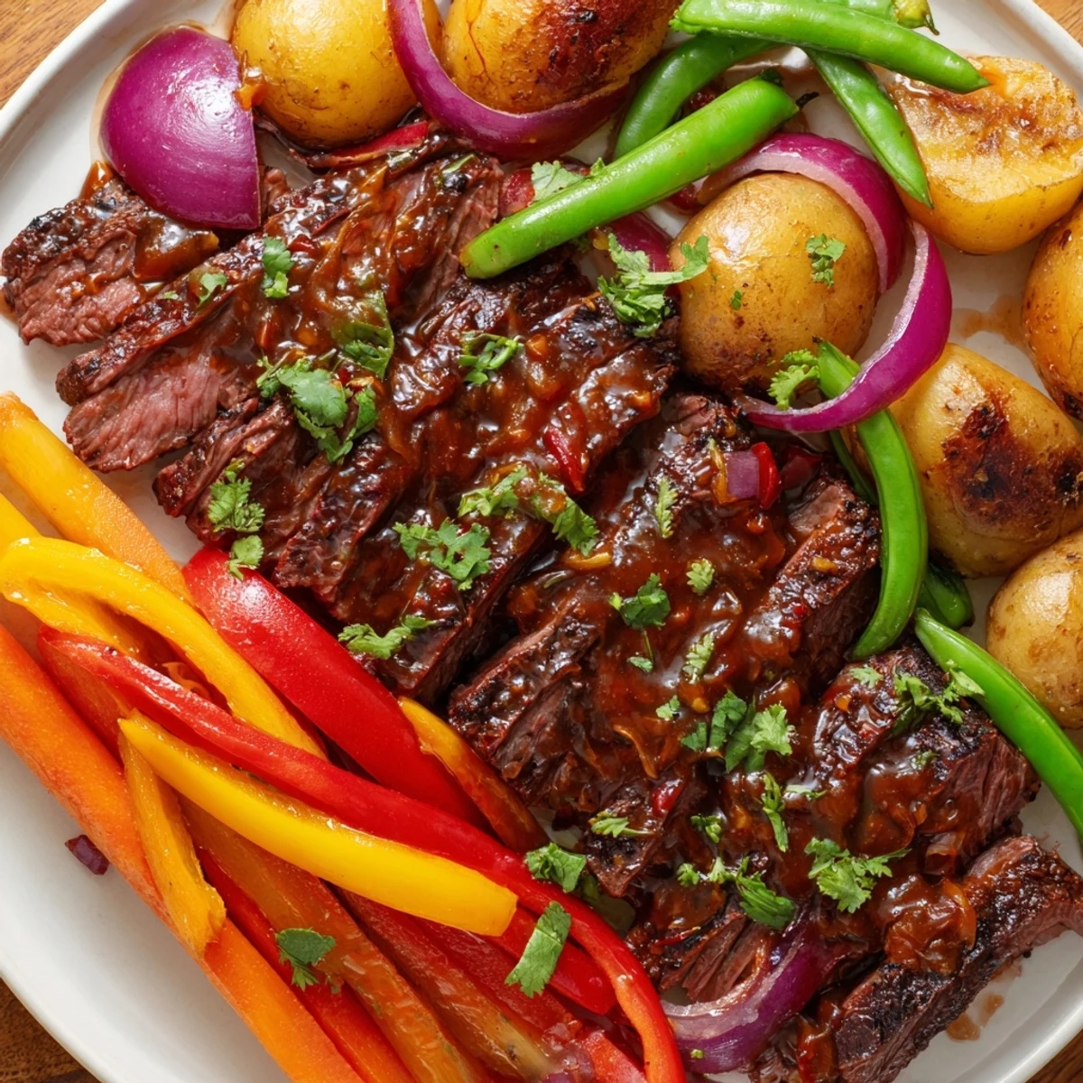 Golden-brown strips of beef and colorful bell peppers sizzle on a Blackstone griddle in this Blackstone Cowboy Stir Fry Dinner, garnished with fresh cilantro and scallions for a hearty main dish. 