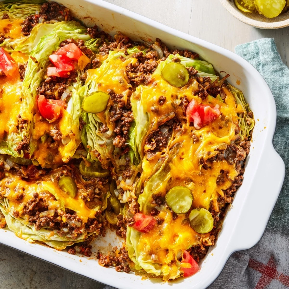 Golden-brown roasted cabbage layers hold seasoned ground beef and melted cheddar cheese in this Easy Crispy Cabbage Burger Bake.