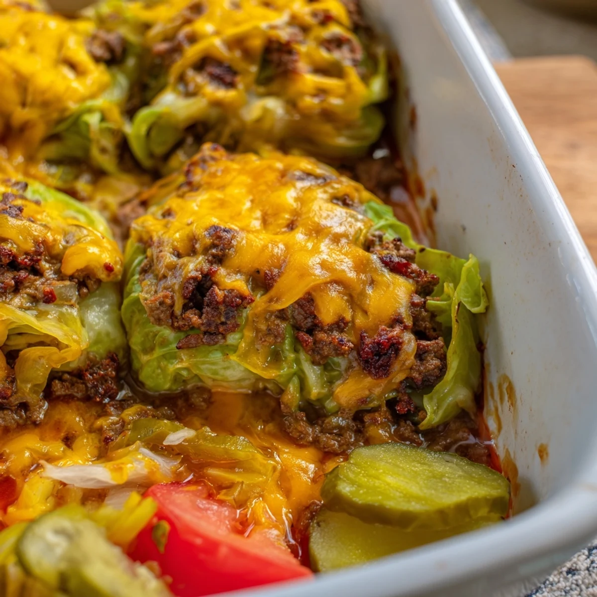 A hearty Easy Crispy Cabbage Burger Bake serves six with juicy beef and crispy cabbage topped with melted cheese.