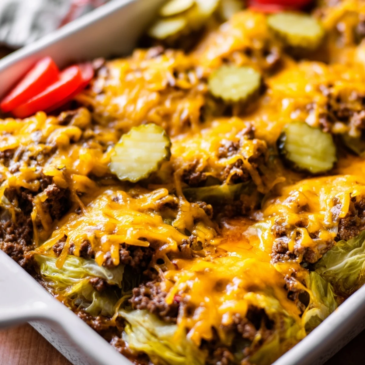 The Easy Crispy Cabbage Burger Bake features golden cabbage rounds layered with savory beef and sharp cheddar, perfect for dinner.