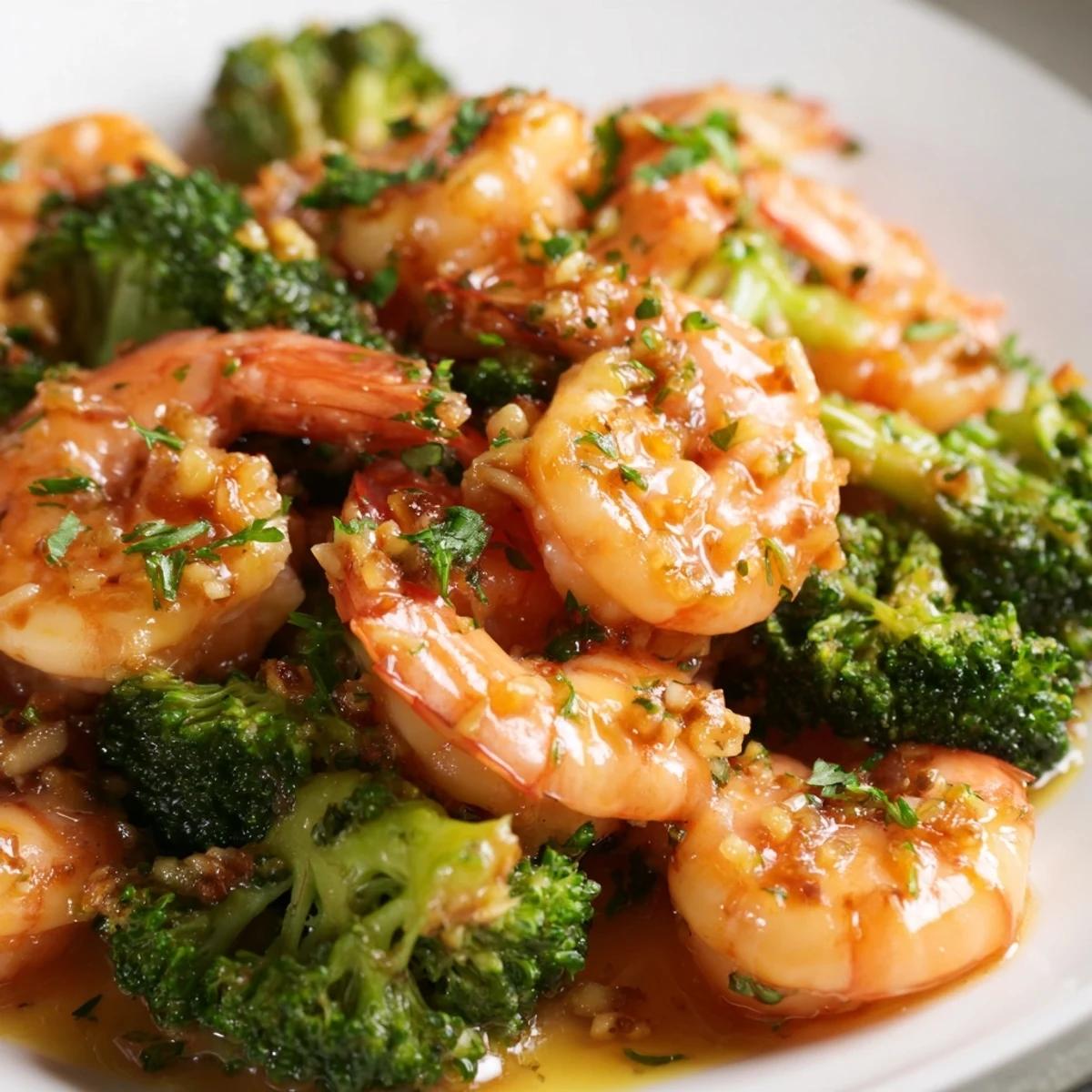 Bright glazed Honey Garlic Butter Shrimp tossed with tender broccoli, garnished with fresh parsley and lemon wedges.