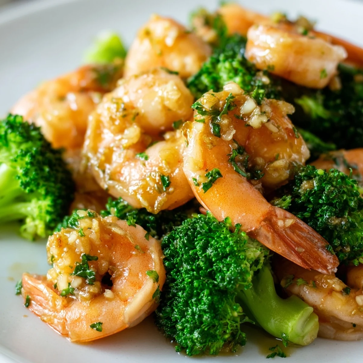Juicy Honey Garlic Butter Shrimp with crisp broccoli florets served over fluffy white rice in a skillet.