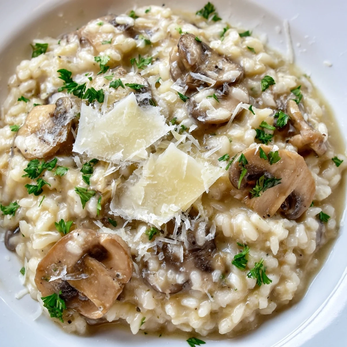 Creamy Mushroom Risotto steaming in a white bowl, garnished with sautéed mushrooms and extra cheese for mushroom lovers.