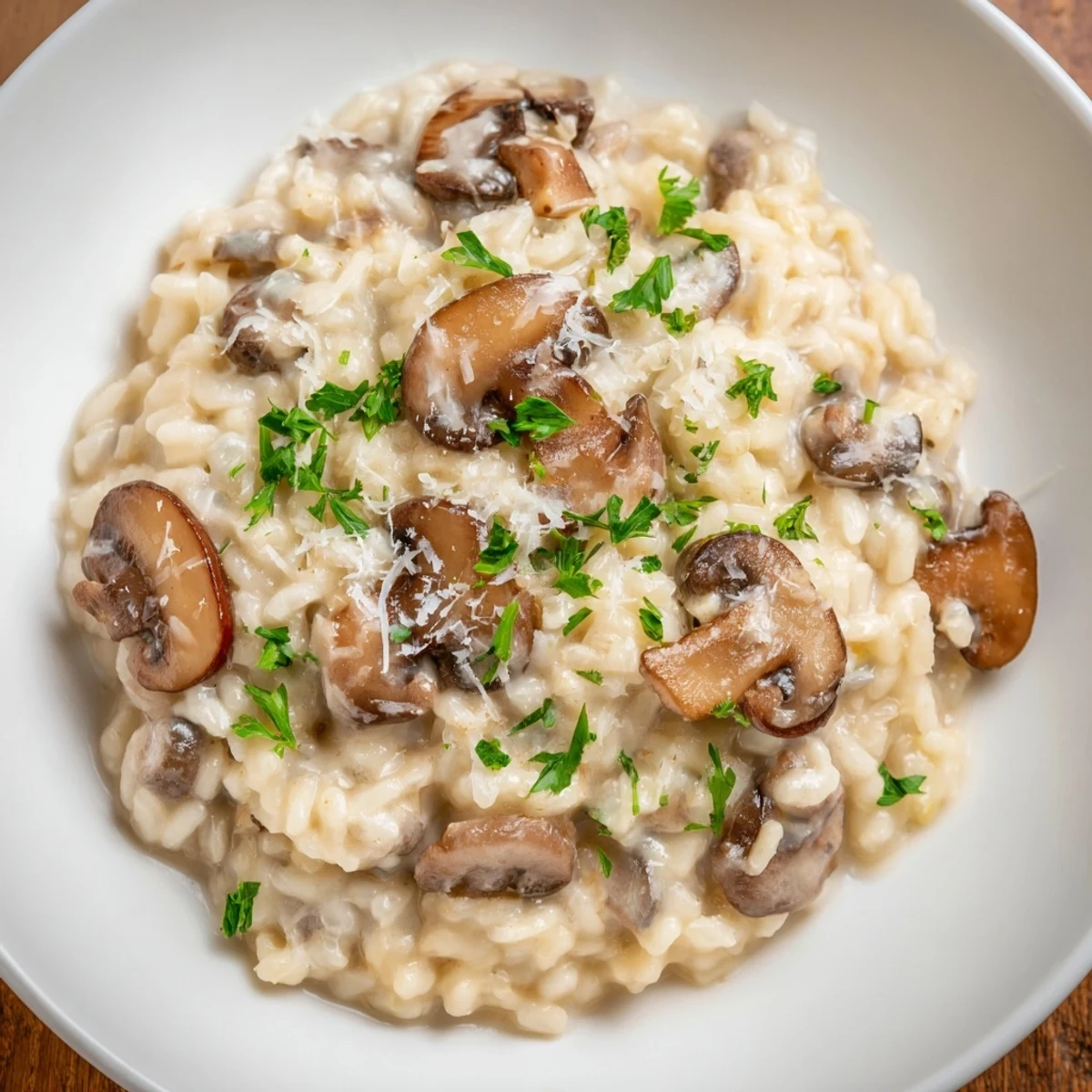 Serving of Creamy Mushroom Risotto with a swirl of heavy cream and fresh herbs on a rustic wooden table.