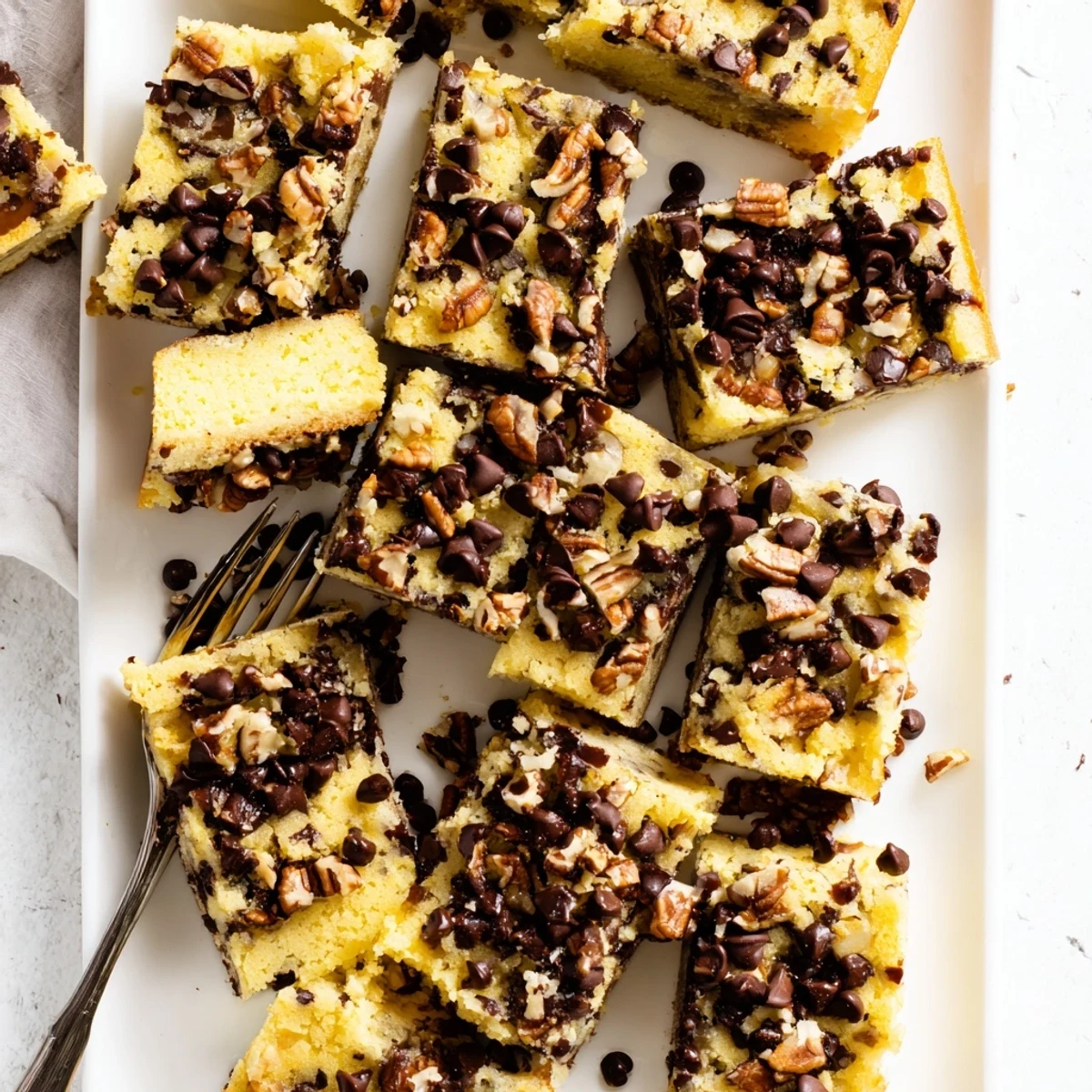 Golden-brown Cake Mix Toffee Bars with melted chocolate and crunchy toffee bits on a wooden board.
