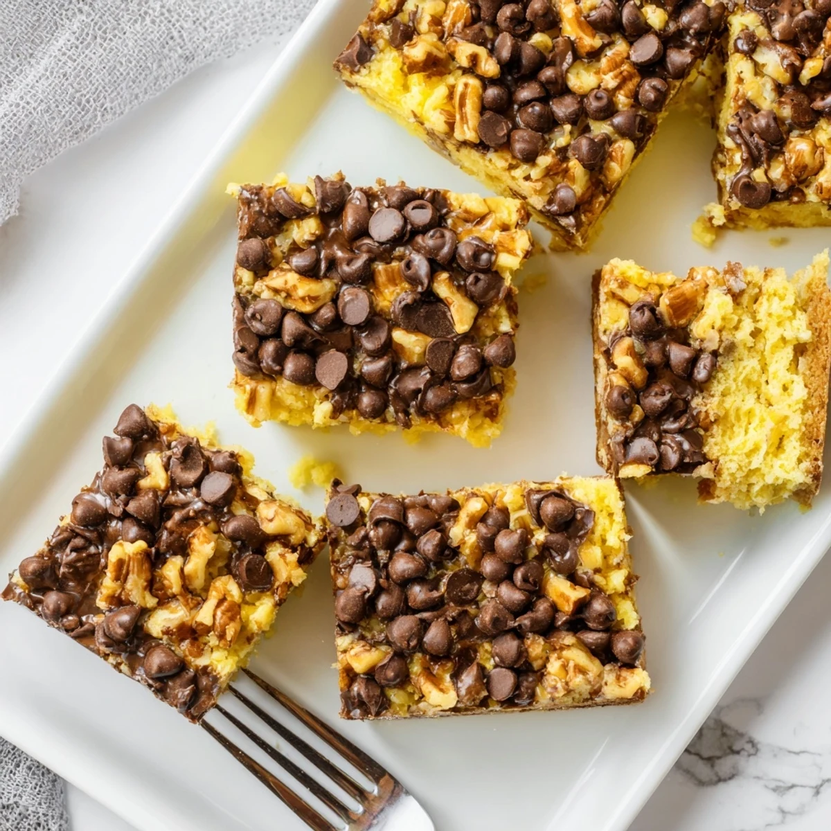 A close-up of Cake Mix Toffee Bars showcasing gooey chocolate and pecans on a rustic serving plate.