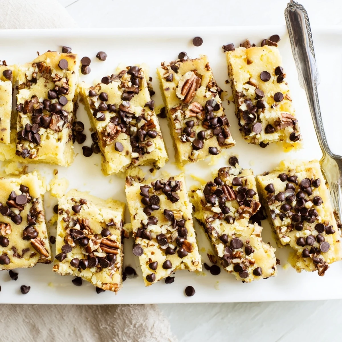 Warm, chewy Cake Mix Toffee Bars served on a dessert platter with a glass of cold milk nearby.