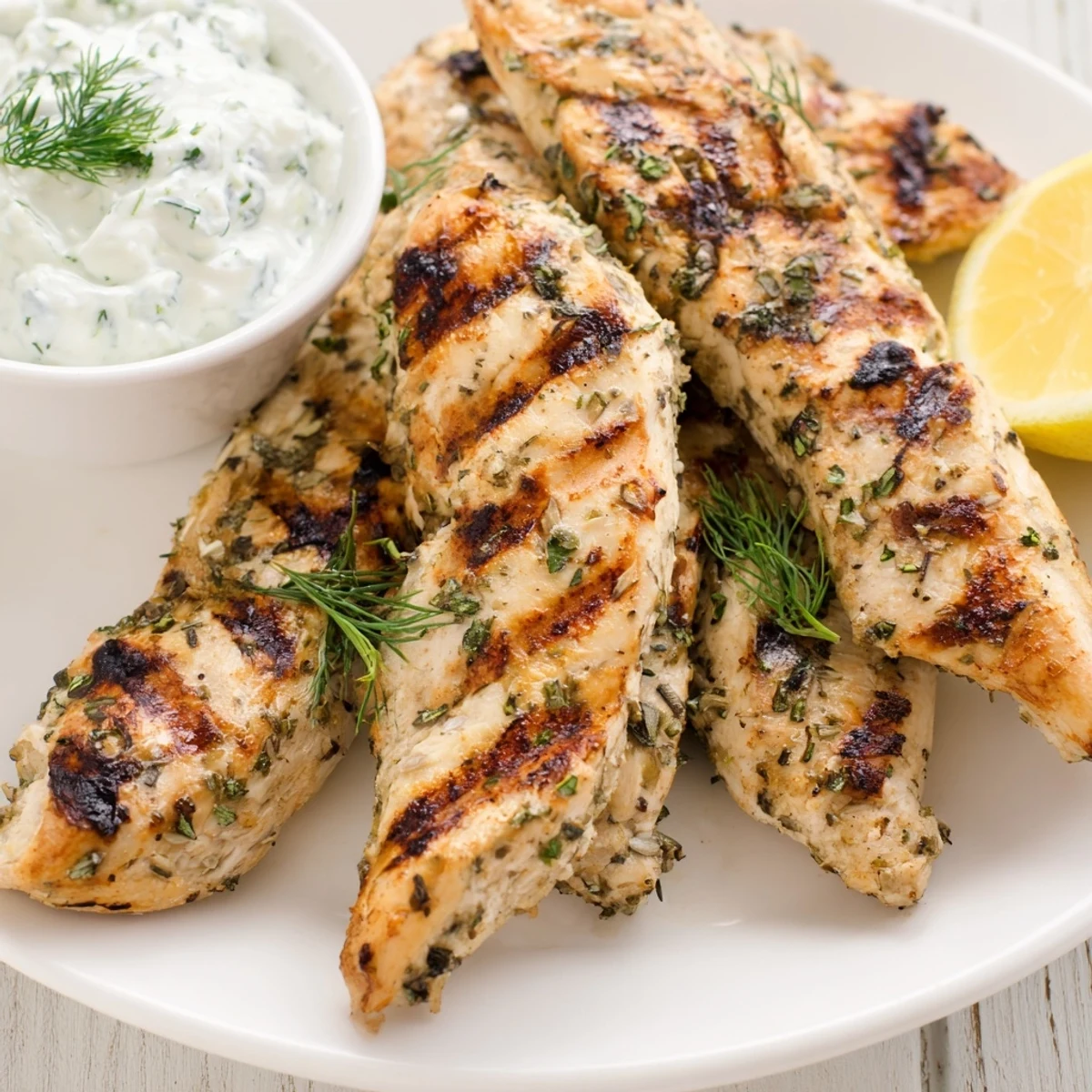 Freshly grilled Delicious Greek Chicken Tenders are beautifully arranged on a white plate with char marks, alongside creamy yogurt sauce and lemon wedges.