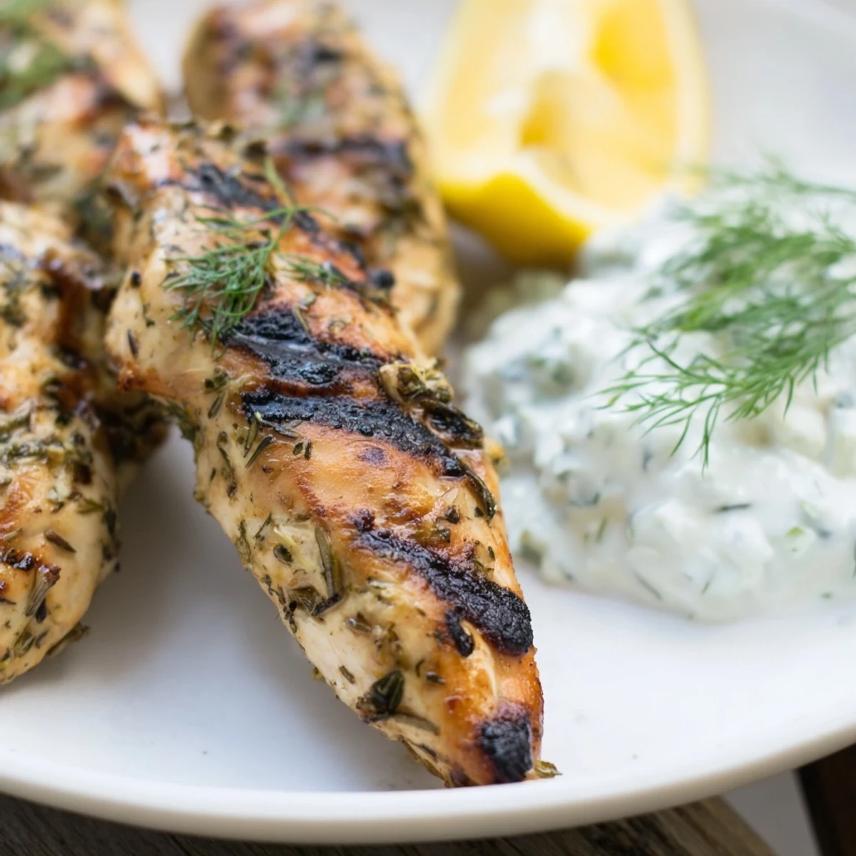 A close-up view of Delicious Greek Chicken Tenders highlights the juicy interior and herb crust, served with a refreshing cucumber dill dip.
