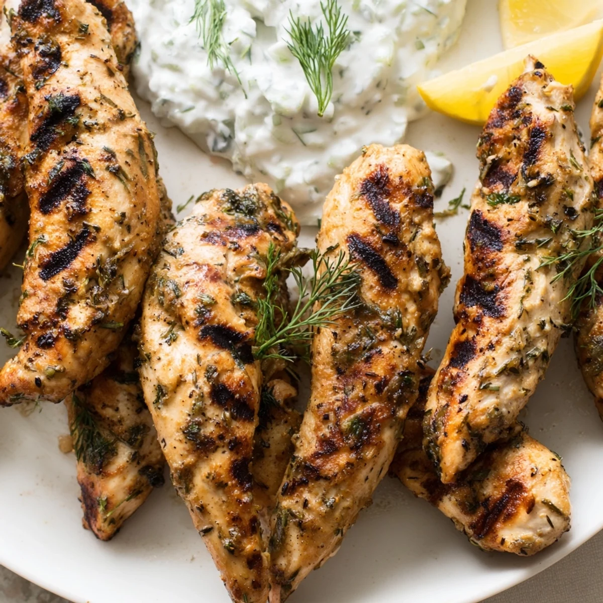 Perfectly cooked Delicious Greek Chicken Tenders sit next to a colorful Greek salad and warm pita bread on a rustic wooden table.