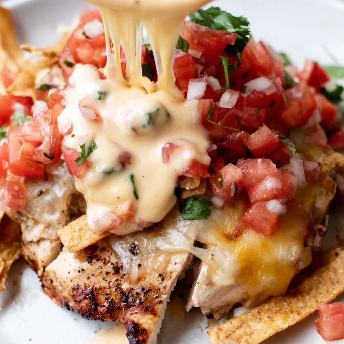 Juicy grilled Fiesta Lime Chicken breasts with melted cheese, Mexi-ranch drizzle, tortilla strips, and pico de gallo on a plate.  