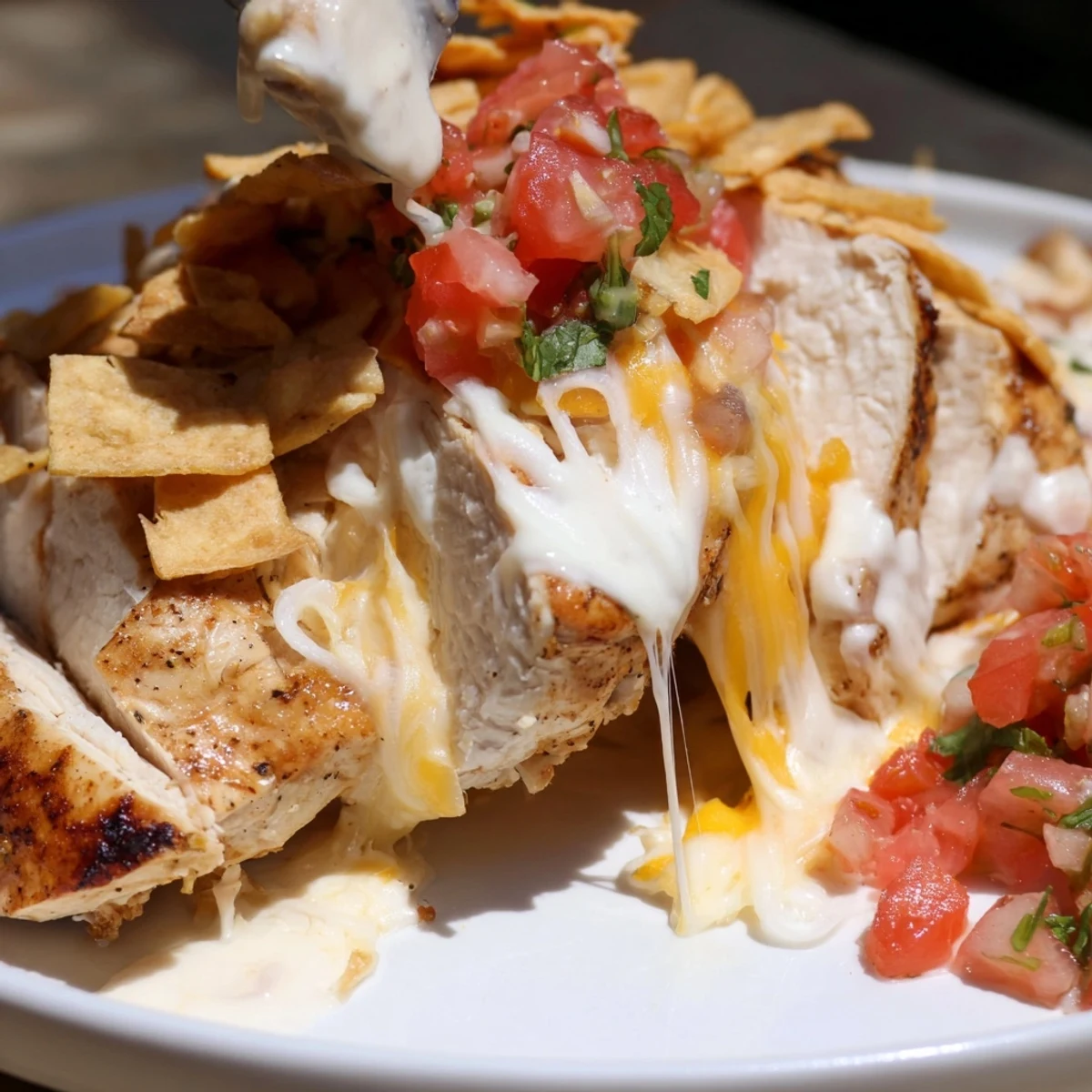 Fiesta Lime Chicken with zesty lime marinade, broiled bubbly cheese, and fresh pico de gallo garnish on a rustic dinner plate.  