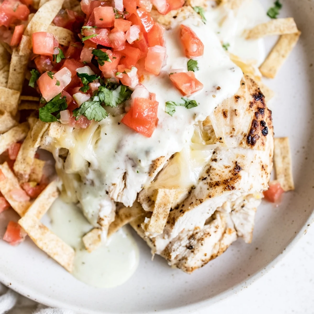 Topped with tangy Mexi-ranch sauce, shredded cheese, and crunchy tortilla strips, this Fiesta Lime Chicken recipe shines on a vibrant plate.