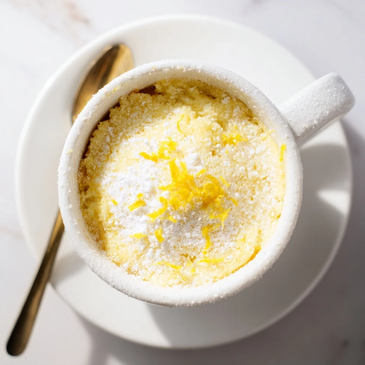 A steaming mug of Lemon Cottage Cheese Mug Cake with a fluffy crumb and bright citrus zest.