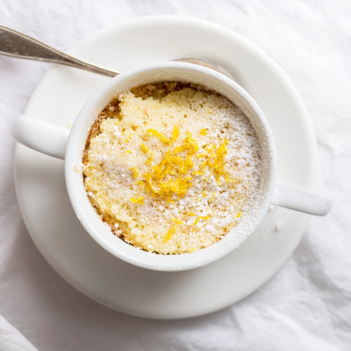 Single-serving Lemon Cottage Cheese Mug Cake topped with powdered sugar and a dollop of creamy yogurt.