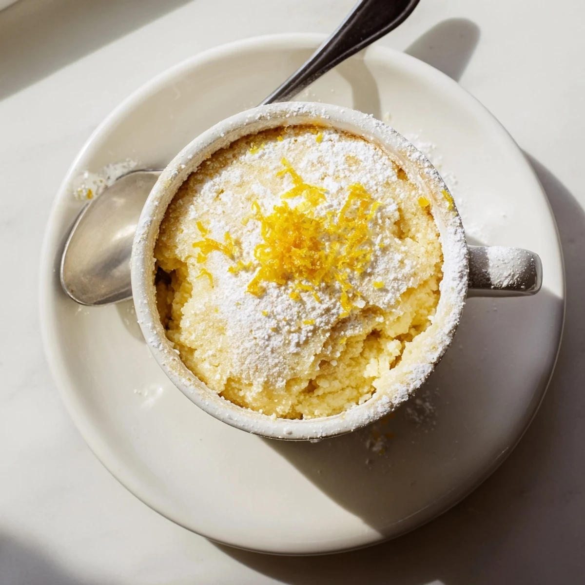Easy microwave Lemon Cottage Cheese Mug Cake showing tender, golden edges and a tangy lemon glaze.