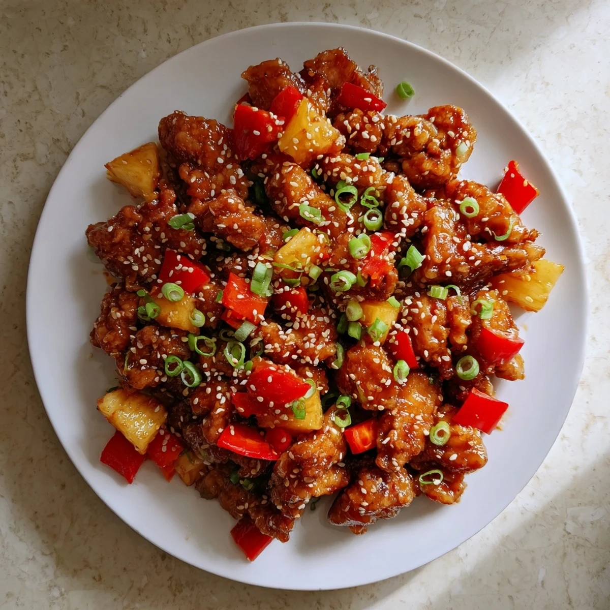 Close-up of Sticky Pineapple Chicken, succulent thigh pieces glistening in a sweet and tangy glaze, sautéed with fresh ginger and garlic.