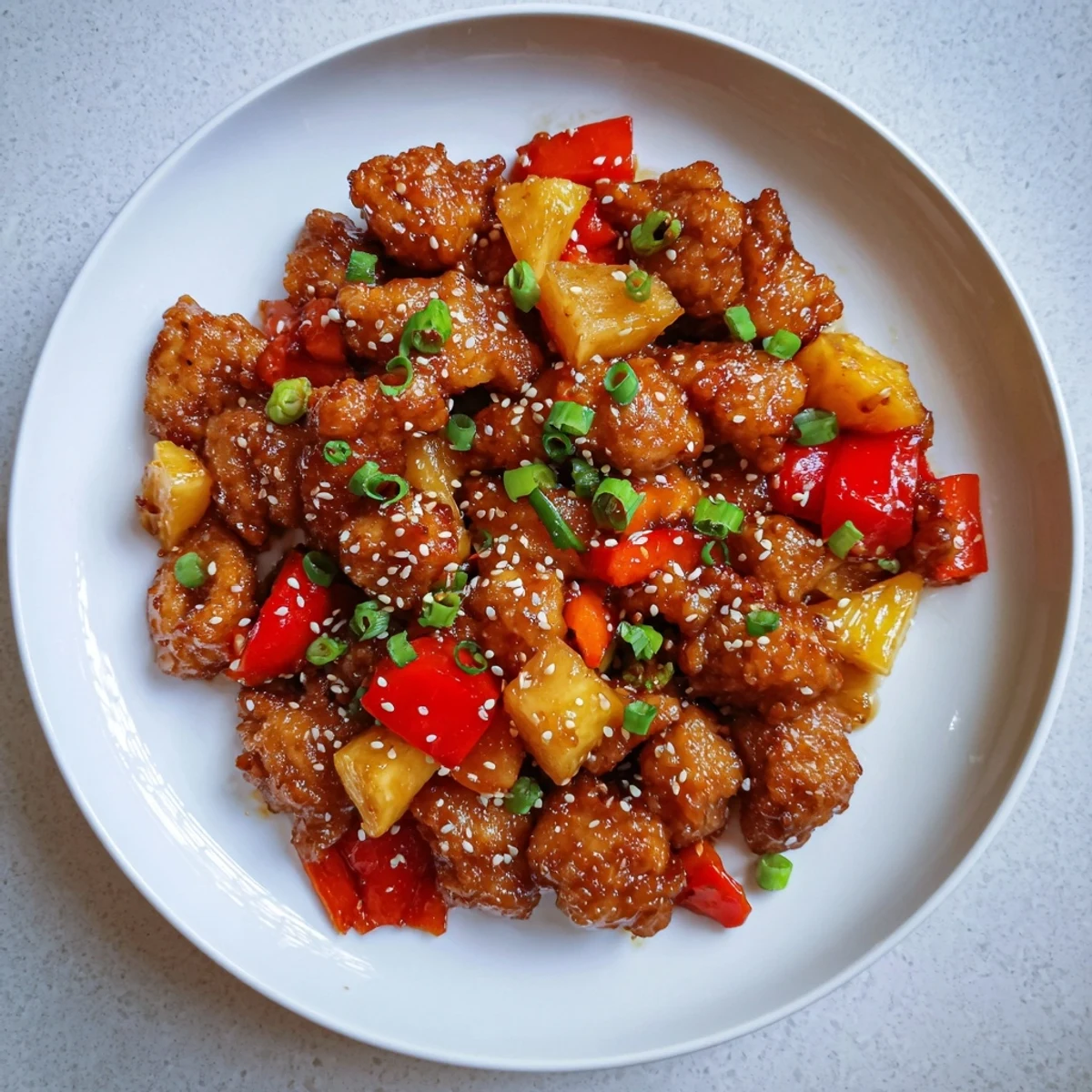 Fork-tender Sticky Pineapple Chicken served over fluffy jasmine rice, garnished with green onions and sesame seeds for a quick weeknight dinner.