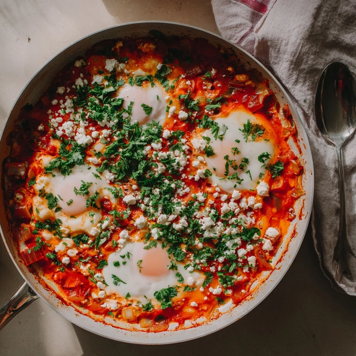 A close-up of Quick Shakshuka Eggs simmering in a rich, spicy tomato and pepper sauce, with runny yolks in a cast iron skillet.