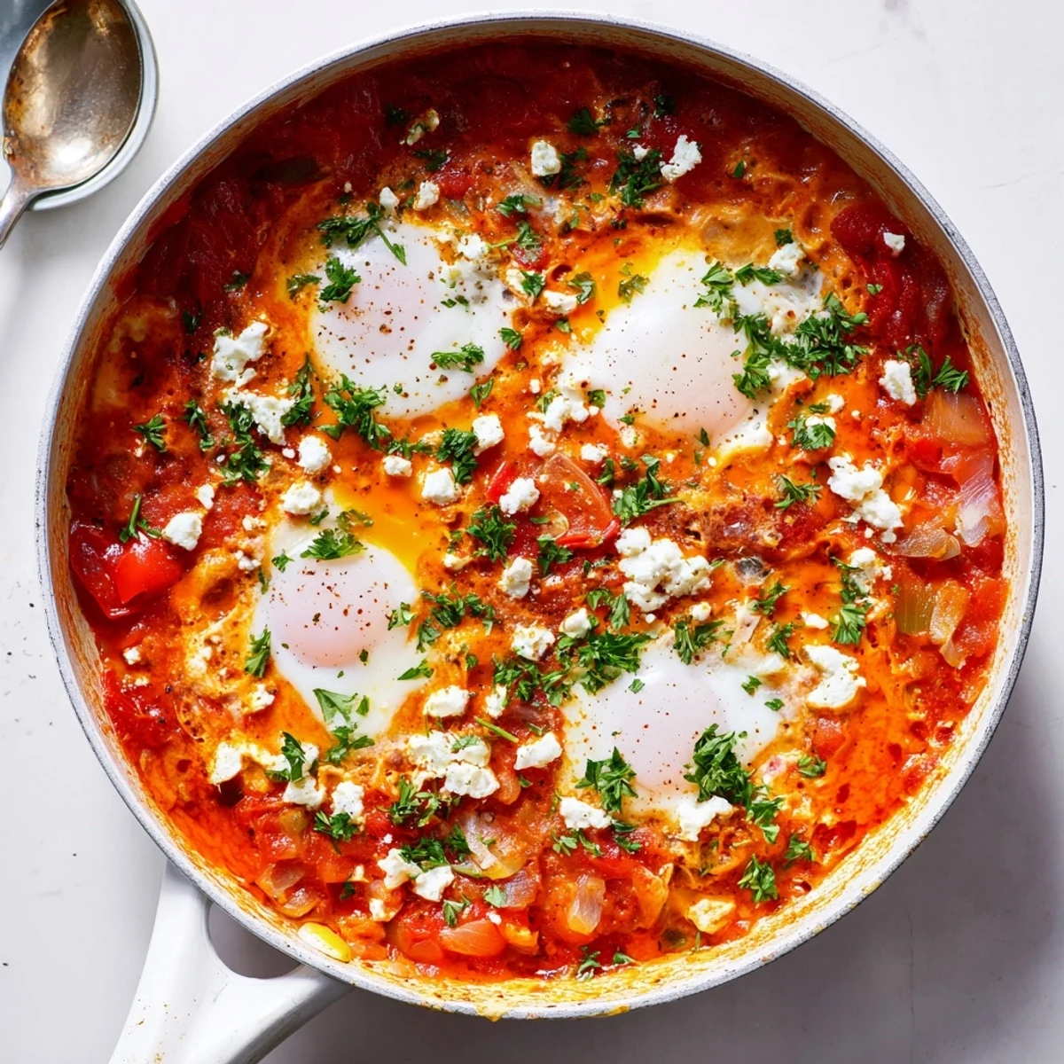 This Quick Shakshuka Eggs recipe features vibrant red sauce, poached eggs, and fresh parsley garnish served with crusty bread on the side.