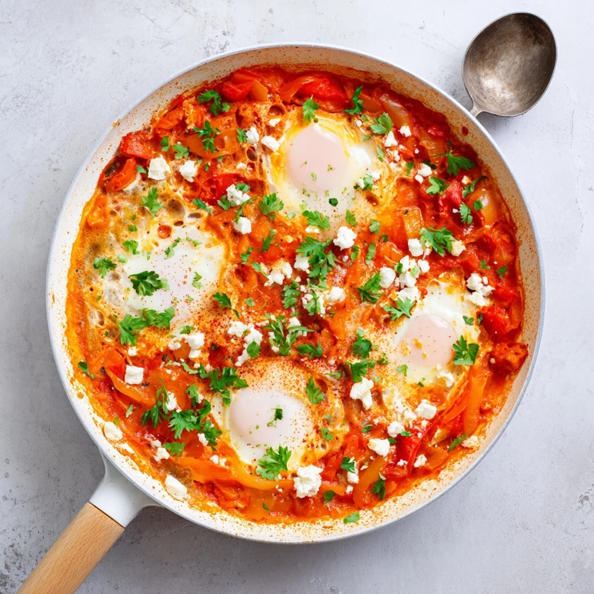 A rustic skillet of Quick Shakshuka Eggs topped with crumbled feta and cilantro, ready for a hearty vegetarian breakfast or dinner.