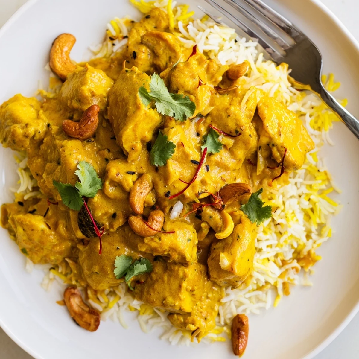A close-up of tender chicken chunks simmered in a velvety sauce with toasted cashews and saffron rice.