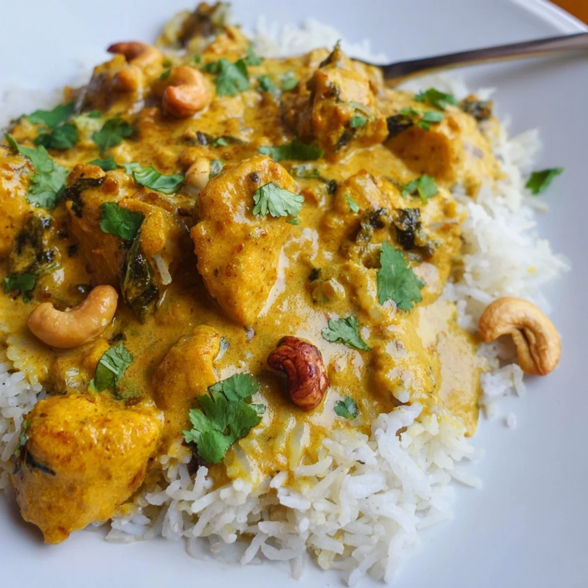 Golden saffron rice topped with creamy Sri Lankan Coconut and Cashew Chicken, garnished with fresh cilantro.
