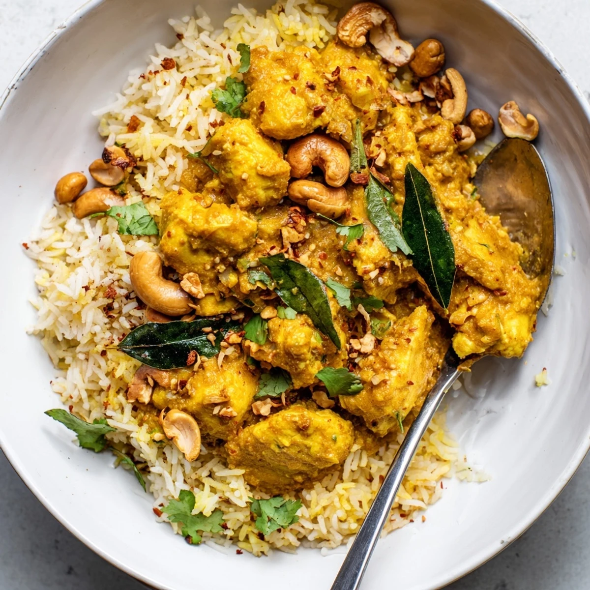 Vibrant bowl of Sri Lankan Coconut and Cashew Chicken with golden rice and a lime wedge garnish.