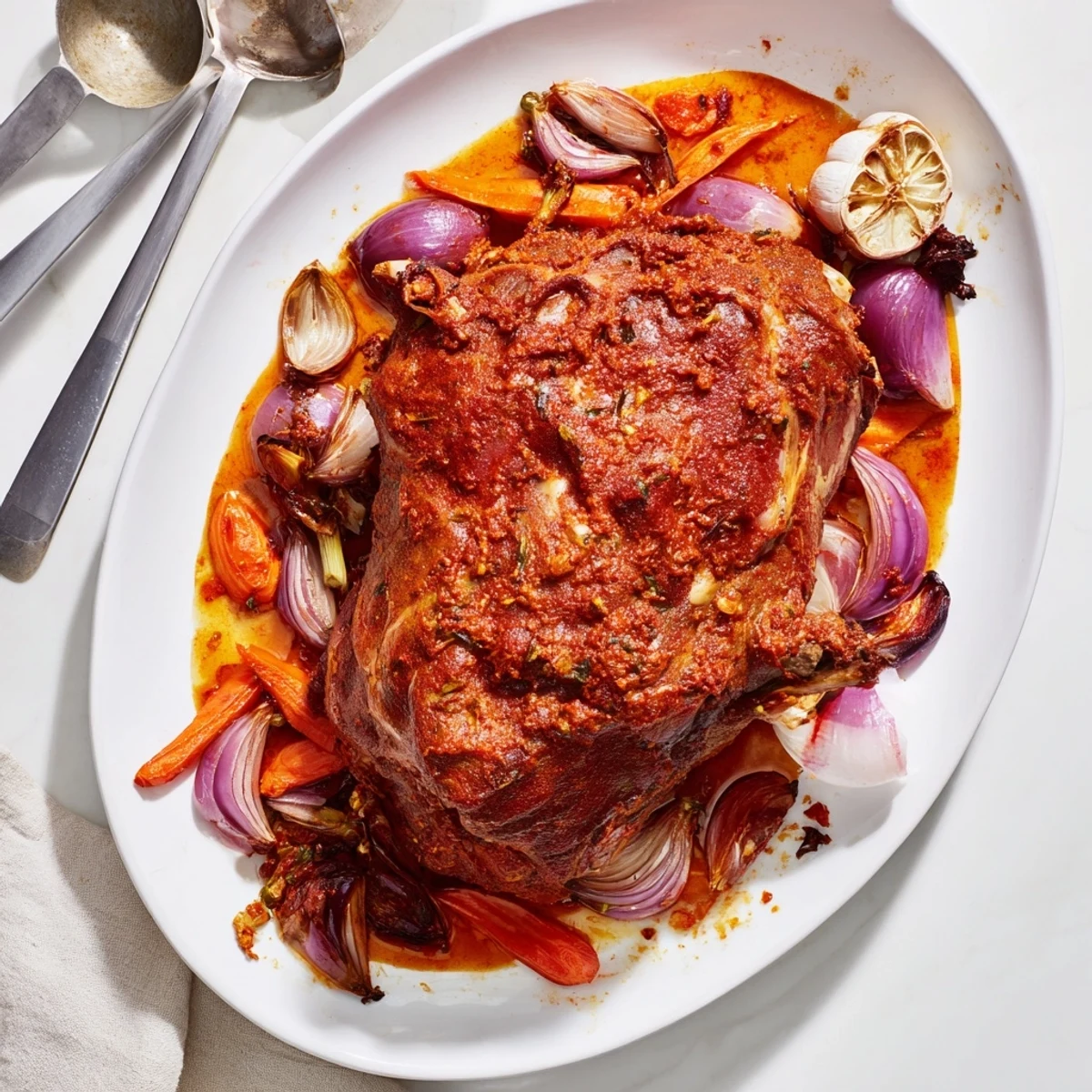 A golden-brown slow roasted harissa lamb shoulder rests beside charred vegetables and pan juices.