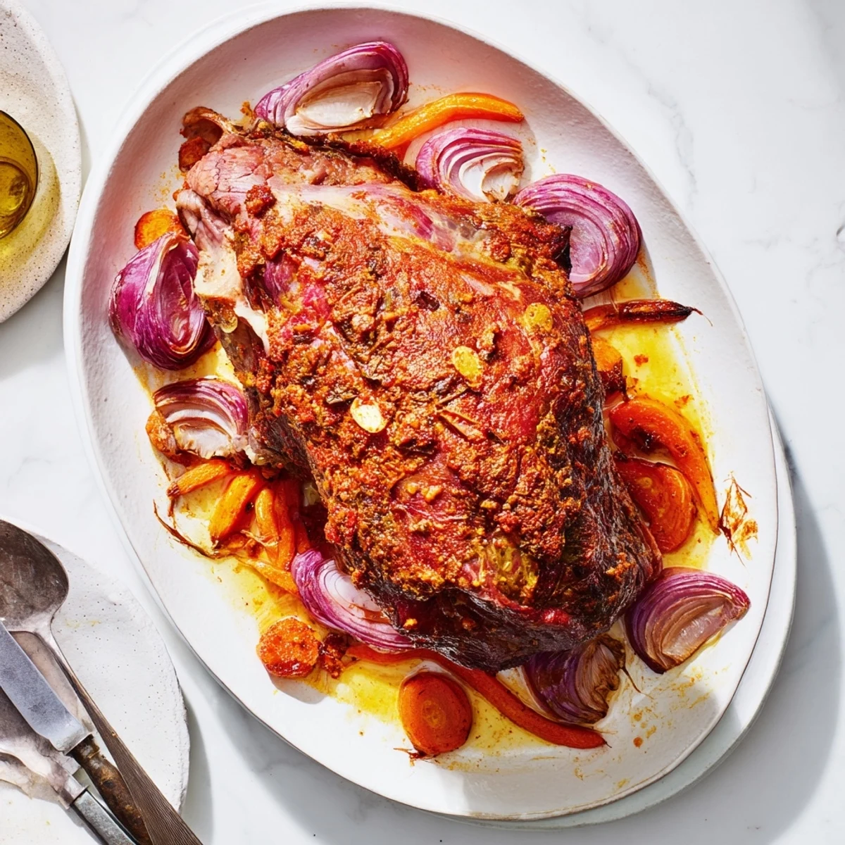 Juicy slow roasted harissa lamb shoulder on a platter with roasted onions and carrots.
