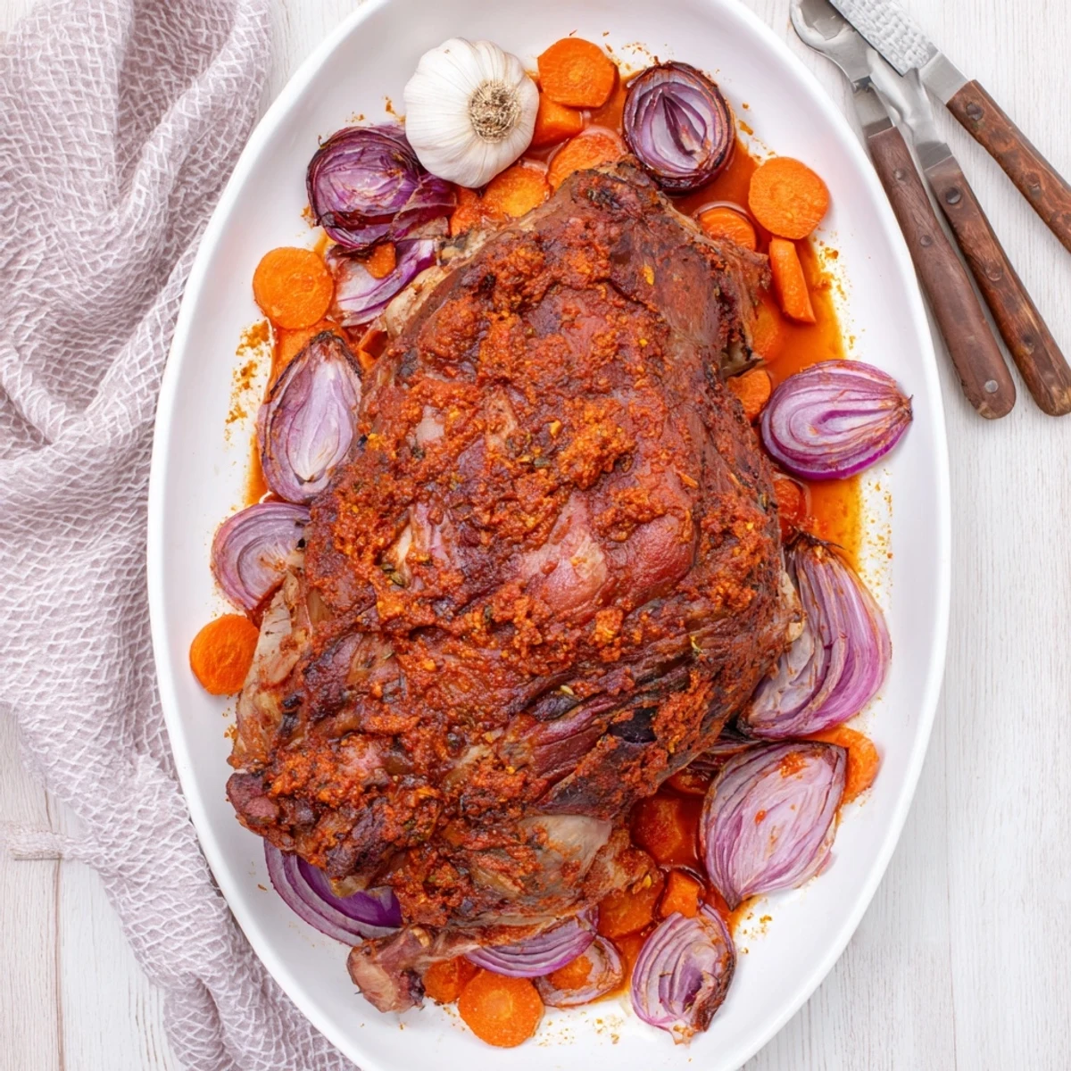 Slice of tender slow roasted harissa lamb shoulder served with couscous and herbs.