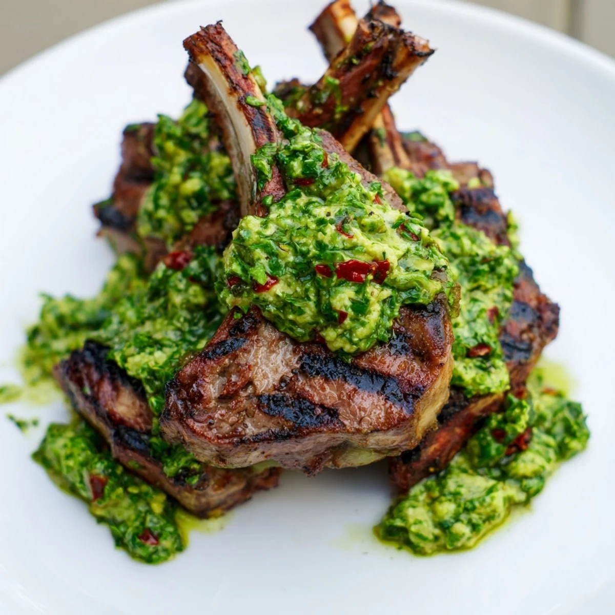 Golden-brown grilled BBQ lamb chops glistening with marinade, served alongside a creamy, vibrant green avocado chimichurri dressing.