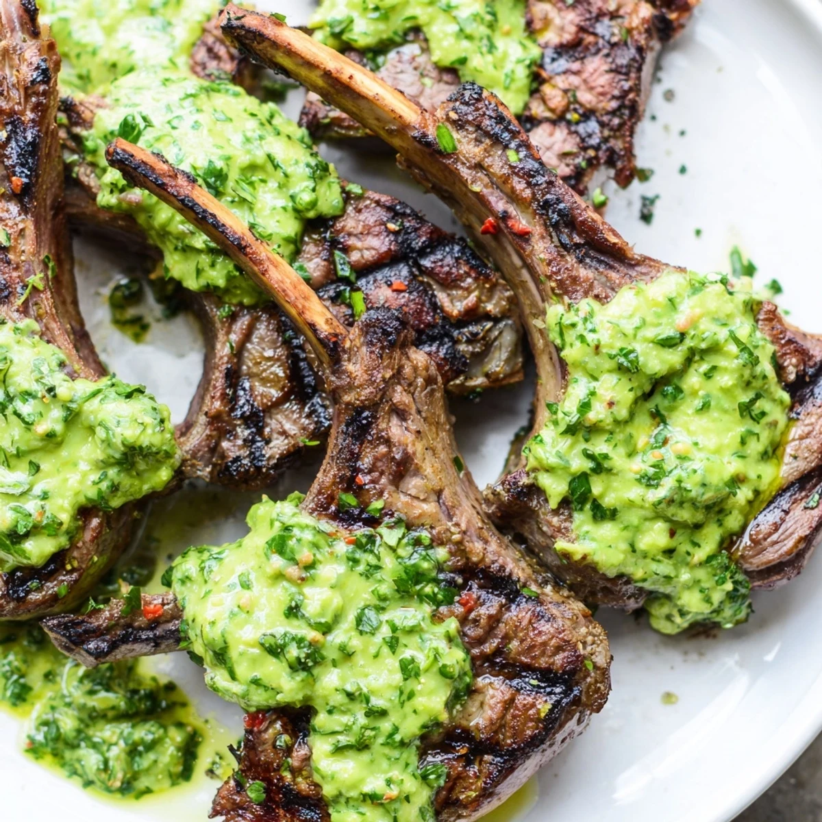 Freshly grilled lamb chops topped with a luscious avocado chimichurri, perfect for a summer barbecue dinner party.