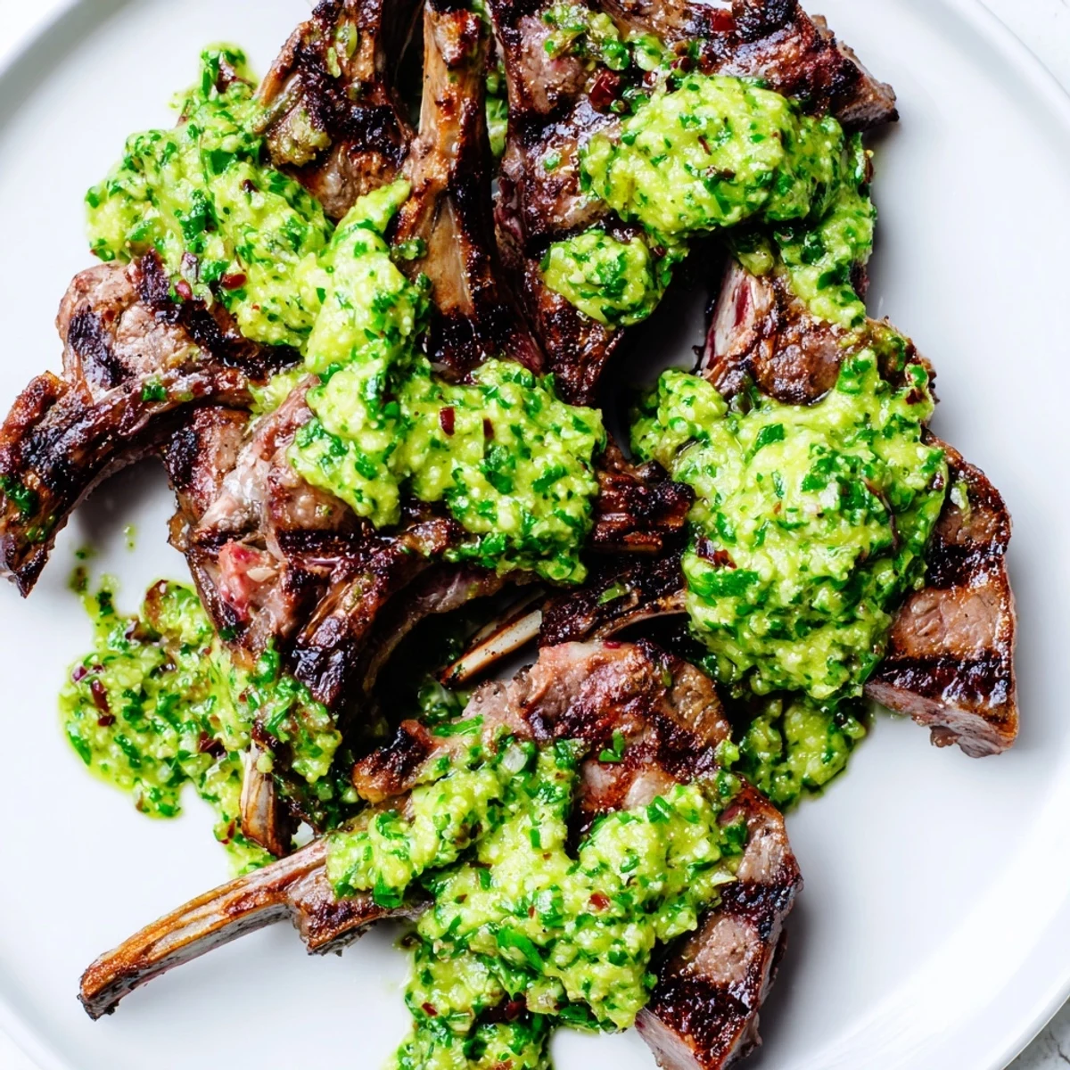 Sizzling BBQ lamb chops plated with a chunky avocado chimichurri dressing, ready to be enjoyed with grilled vegetables.