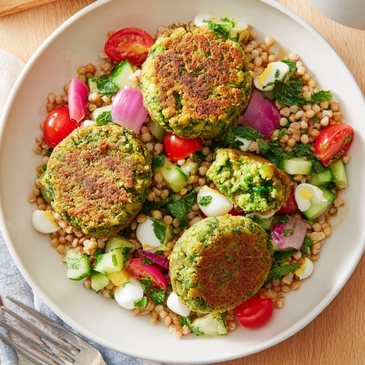 Crispy broccoli falafels rest on a vibrant buckwheat salad with hard-boiled egg and fresh herbs.
