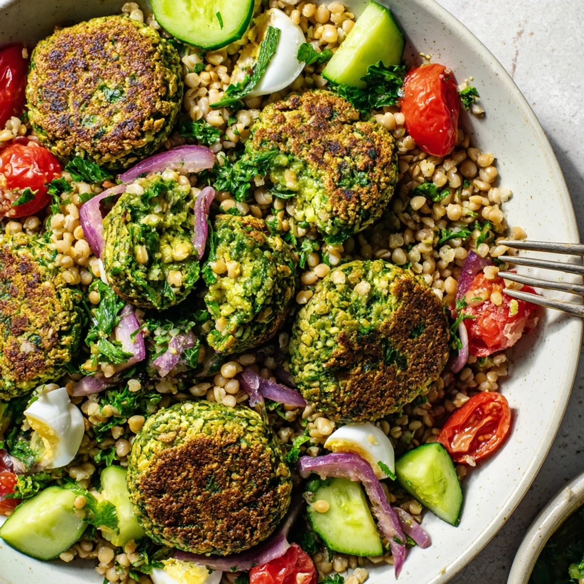 Golden-brown broccoli falafels are served alongside a fresh buckwheat and herb salad with egg quarters.