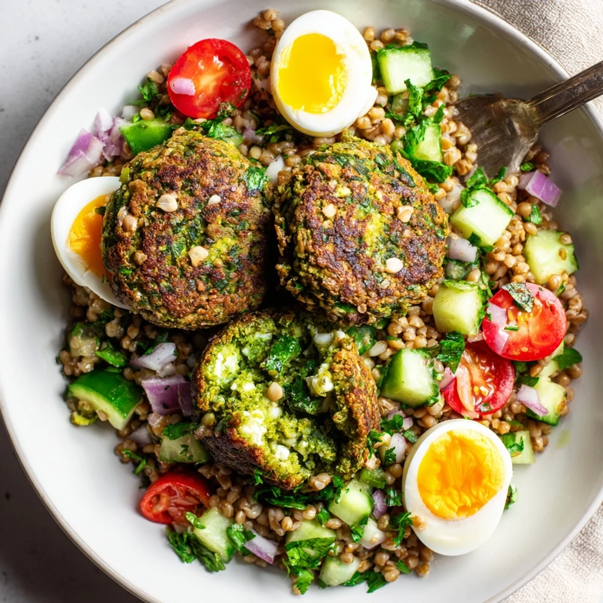 A colorful plate features broccoli falafels, lemony buckwheat salad, cucumber, tomatoes, and sliced hard-boiled eggs.