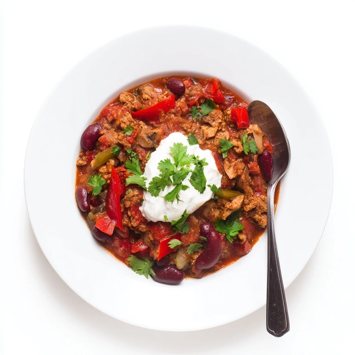 Steaming bowl of Chilli Mushroom Con Carne topped with fresh cilantro and a dollop of sour cream.