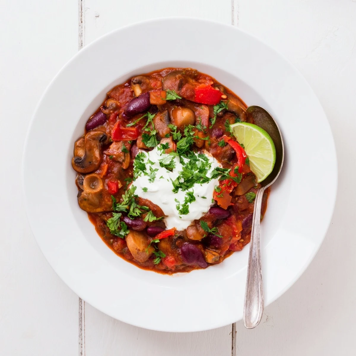 Hearty Chilli Mushroom Con Carne simmering in a pot with diced mushrooms and kidney beans.