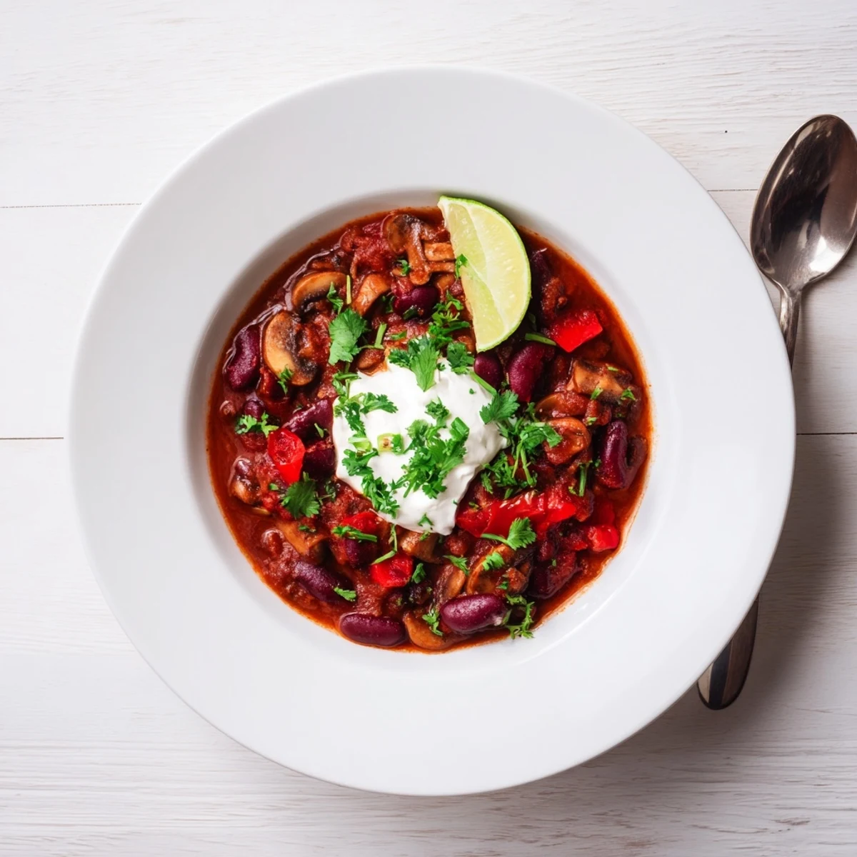 Warm Chilli Mushroom Con Carne served with lime wedges and a spoon ready to dig in.