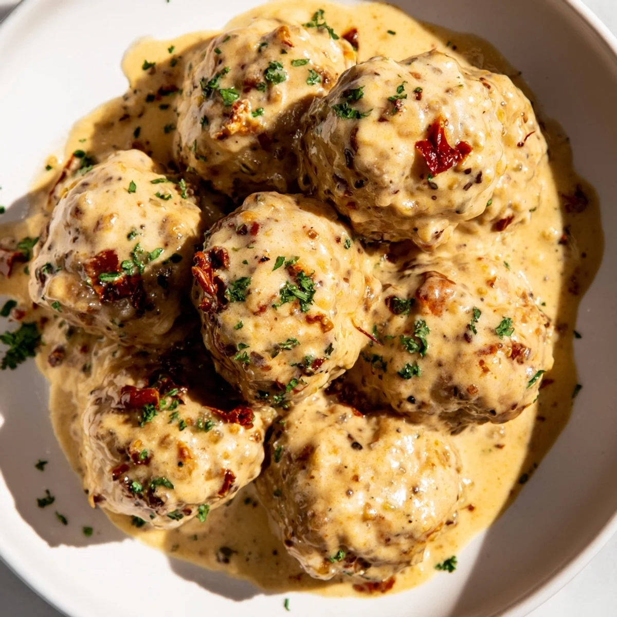 A close-up of tender chicken and sun-dried tomato meatballs coated in luscious mustard cream sauce, ready to serve over steamed rice.