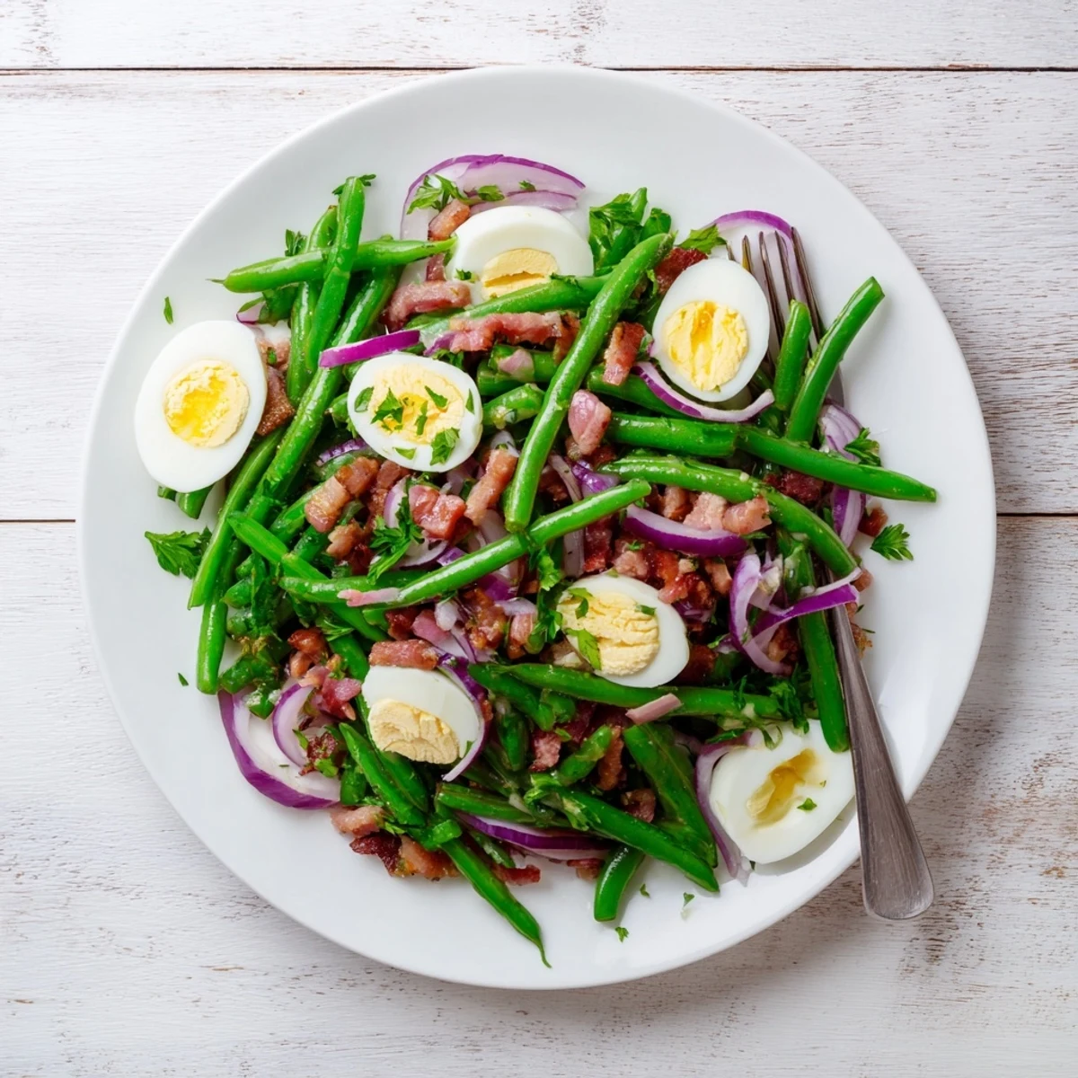 Fresh green beans, crispy bacon, and quartered eggs shine in this Green Bean, Bacon, and Egg Salad served on a white plate with parsley.